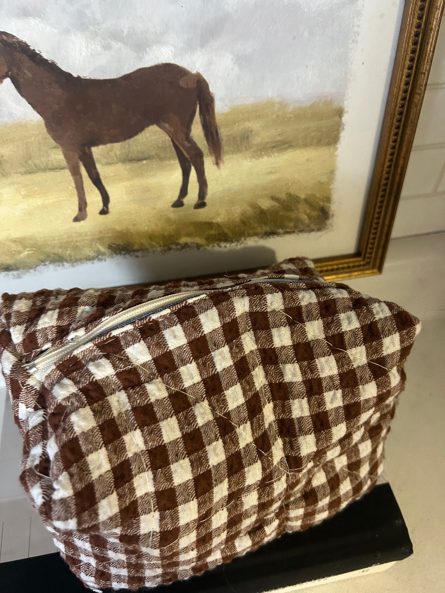 Brown Gingham Makeup Bag