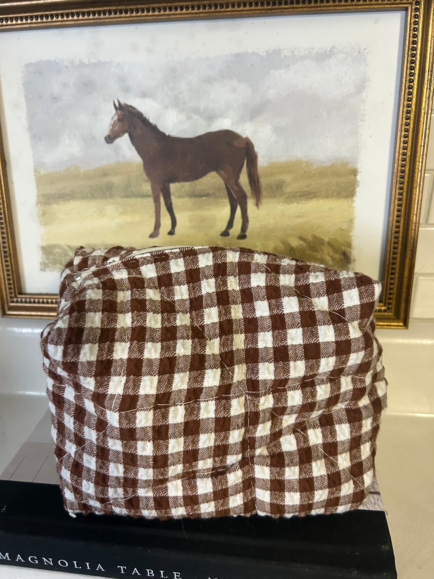 Brown Gingham Makeup Bag
